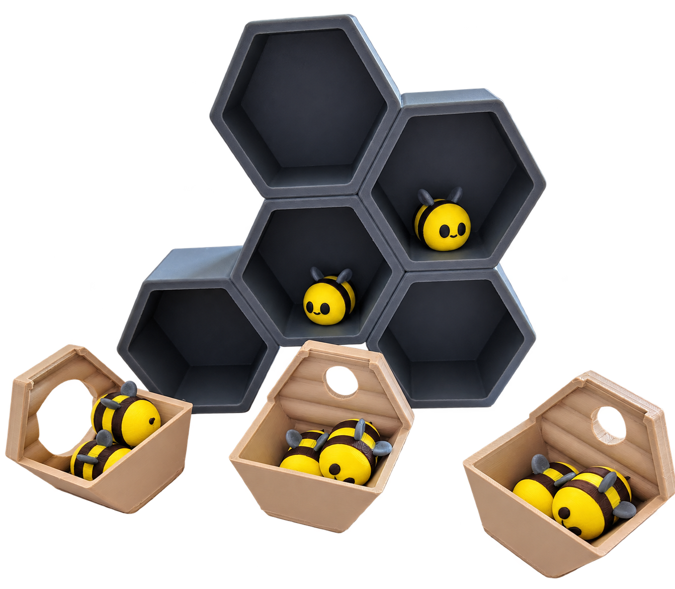 Busy Bees: yellow and black bee figures in grey honeycomb compartments and three open beige boxes