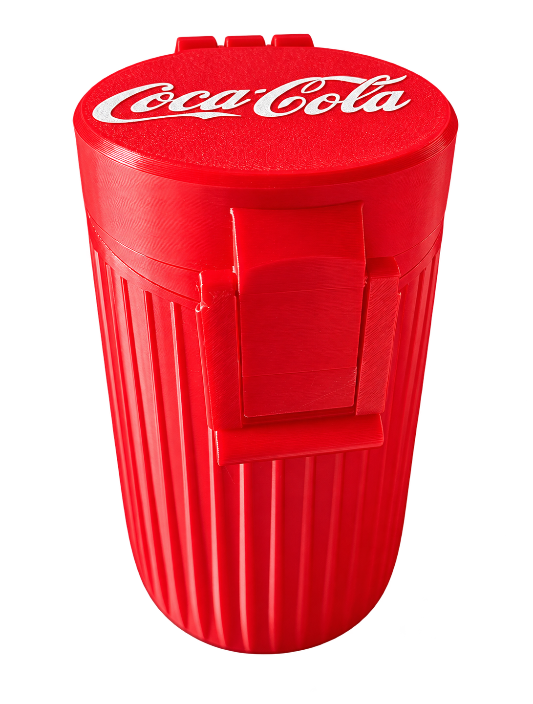 Red ribbed can holder with a hinged lid, side latch and white Coca-Cola lettering